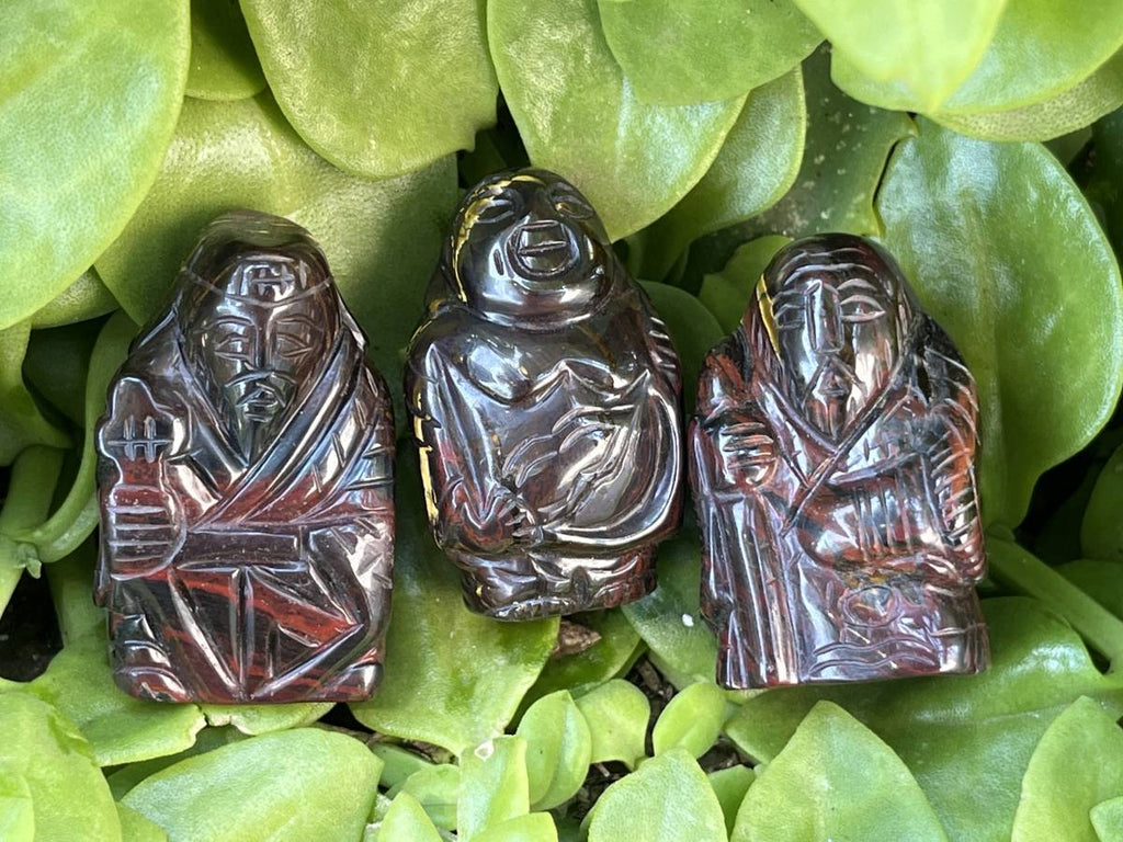 Hand Made Banded Tiger Iron Jasper - Far Eastern Gods on Wooden Stands In A Set of 7 - From Australia