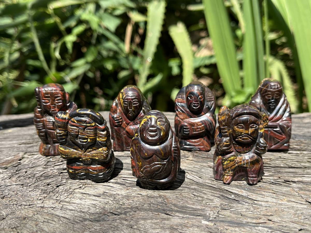 Hand Made Banded Tiger Iron Jasper - Far Eastern Gods on Wooden Stands In A Set of 7 - From Australia