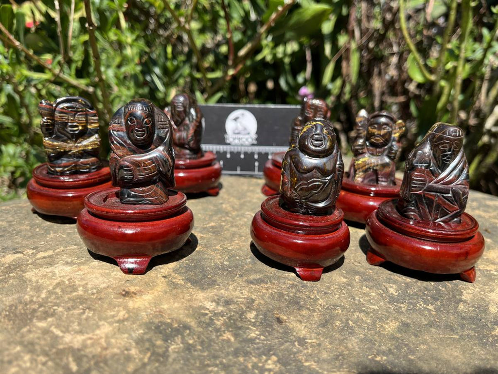 Hand Made Banded Tiger Iron Jasper - Far Eastern Gods on Wooden Stands In A Set of 7 - From Australia