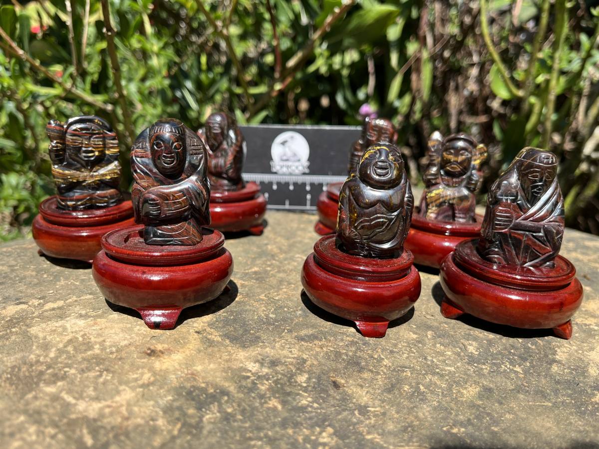 Hand Made Banded Tiger Iron Jasper - Far Eastern Gods on Wooden Stands In A Set of 7 - From Australia