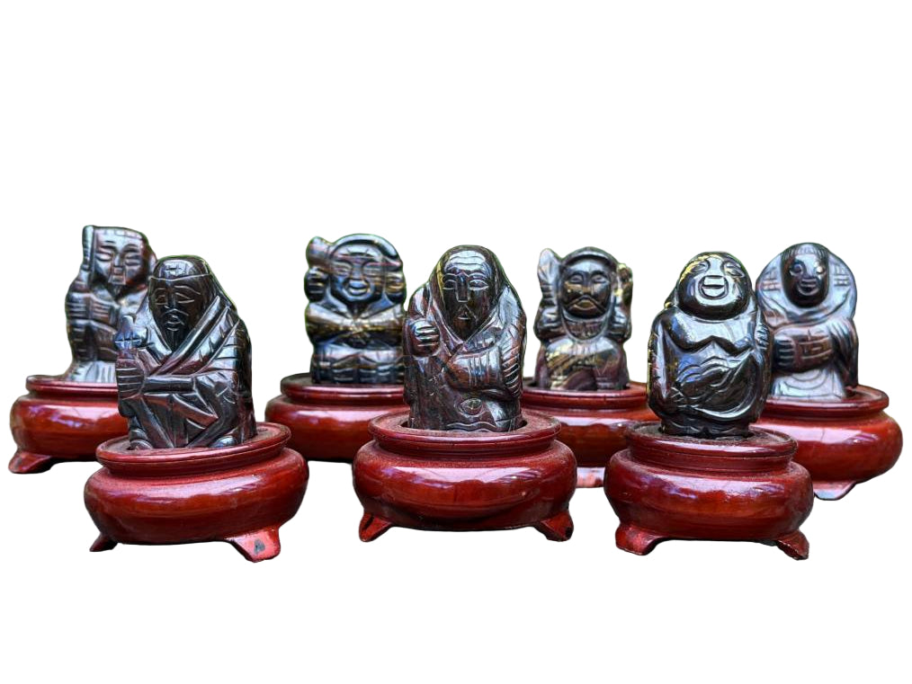 Hand Made Banded Tiger Iron Jasper - Far Eastern Gods on Wooden Stands In A Set of 7 - From Australia