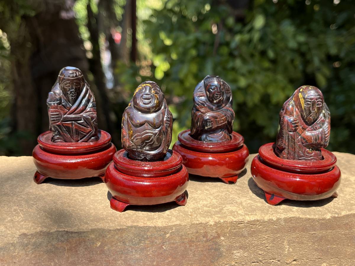 Hand Made Banded Tiger Iron Jasper - Far Eastern Gods on Wooden Stands In A Set of 7 - From Australia