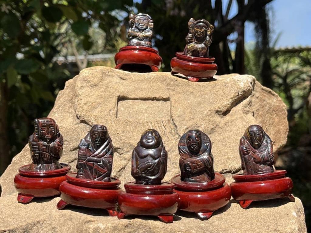 Hand Made Banded Tiger Iron Jasper - Far Eastern Gods on Wooden Stands In A Set of 7 - From Australia