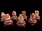 Hand Made Vintage Brecciated Jasper Figurines of the Far Eastern Gods on Wooden Stands In A Set of 7, From South Africa