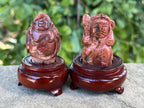 Hand Made Vintage Brecciated Jasper Figurines of the Far Eastern Gods on Wooden Stands In A Set of 7, From South Africa