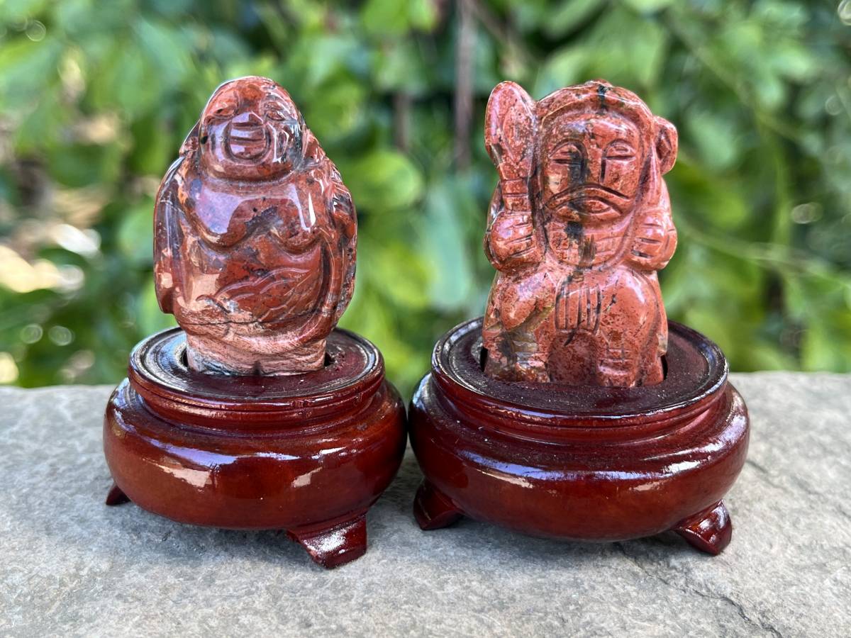 Hand Made Vintage Brecciated Jasper Figurines of the Far Eastern Gods on Wooden Stands In A Set of 7, From South Africa