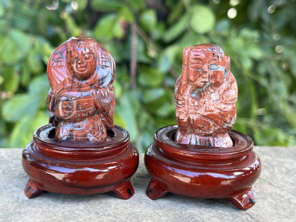 Hand Made Vintage Brecciated Jasper Figurines of the Far Eastern Gods on Wooden Stands In A Set of 7, From South Africa