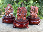 Hand Made Vintage Brecciated Jasper Figurines of the Far Eastern Gods on Wooden Stands In A Set of 7, From South Africa