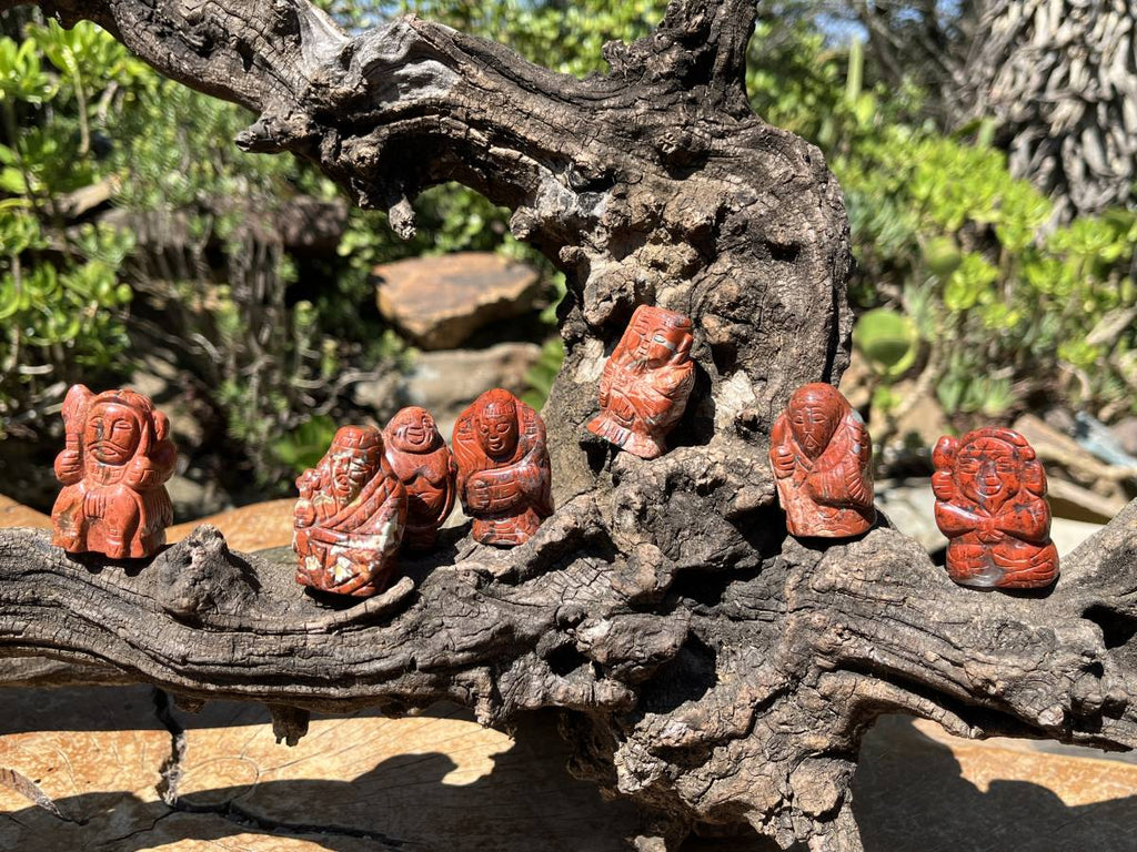 Hand Made Vintage Brecciated Jasper Figurines of the Far Eastern Gods on Wooden Stands In A Set of 7, From South Africa