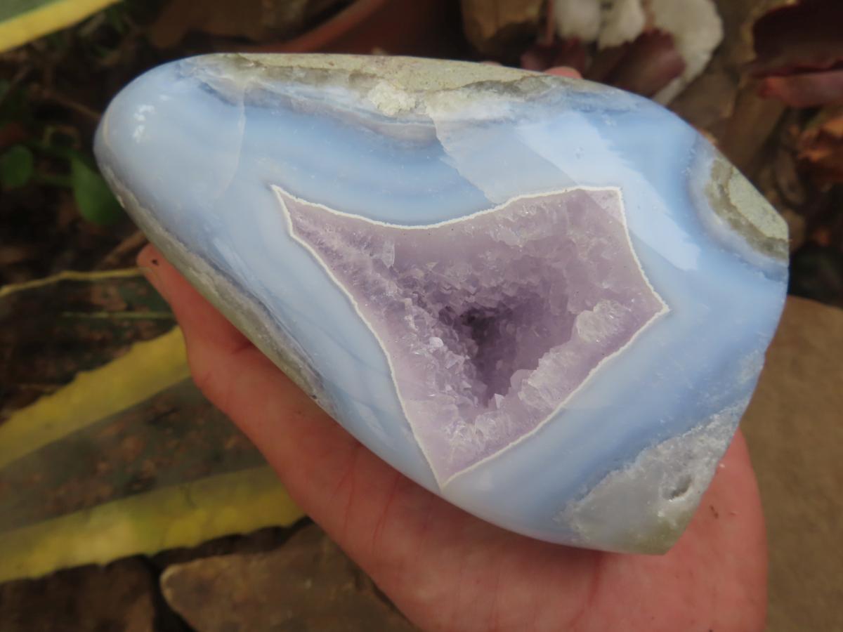 Polished Large Blue Lace Agate with Amethyst Centre, Display Piece x 1 From Nsanje, Malawi