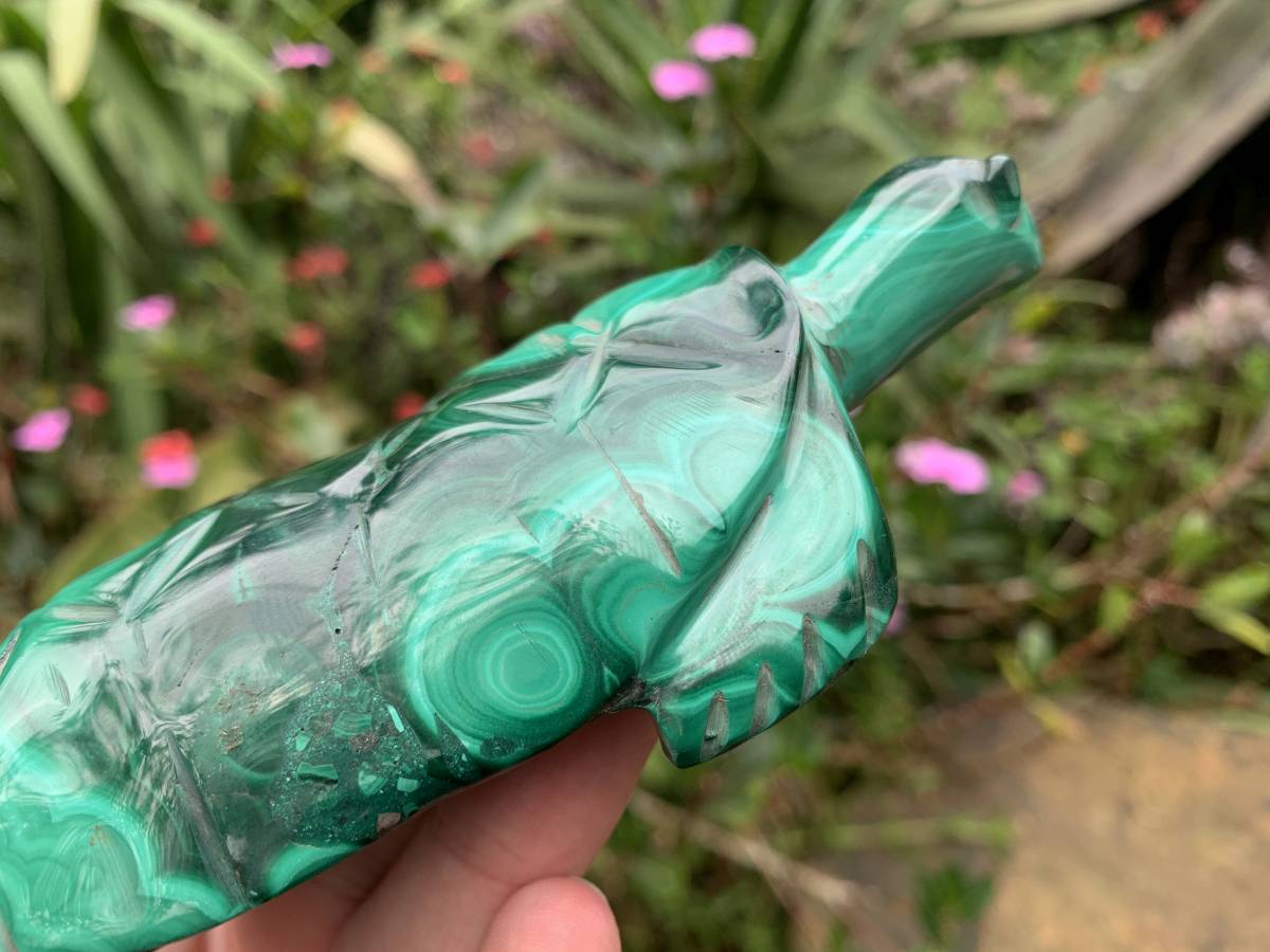 Hand-Made Banded Flower Malachite Turtle Carving x 1 From Congo