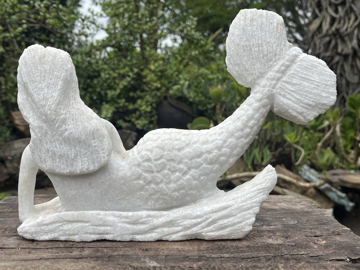 Hand-Made Unique White Marble Mermaid Carving x 1 From Zimbabwe