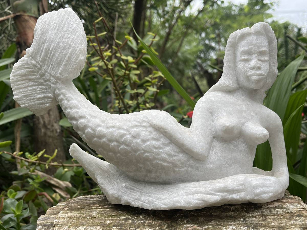 Hand-Made Unique White Marble Mermaid Carving x 1 From Zimbabwe
