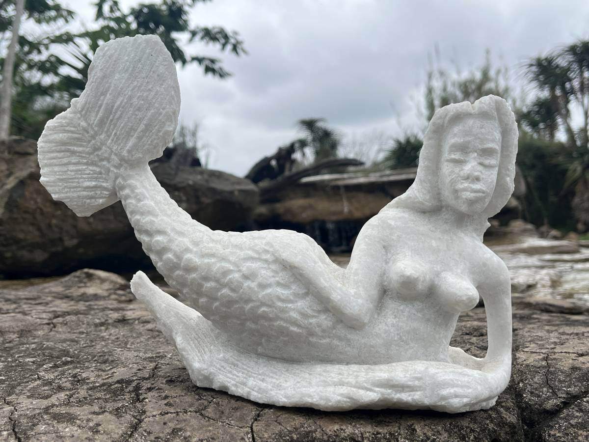 Hand-Made Unique White Marble Mermaid Carving x 1 From Zimbabwe