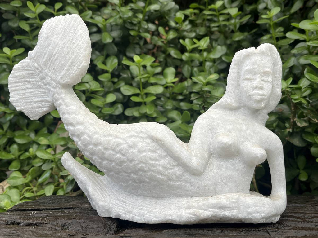 Hand-Made Unique White Marble Mermaid Carving x 1 From Zimbabwe
