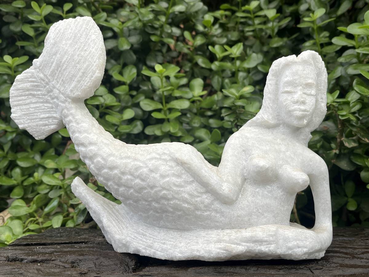 Hand-Made Unique White Marble Mermaid Carving x 1 From Zimbabwe