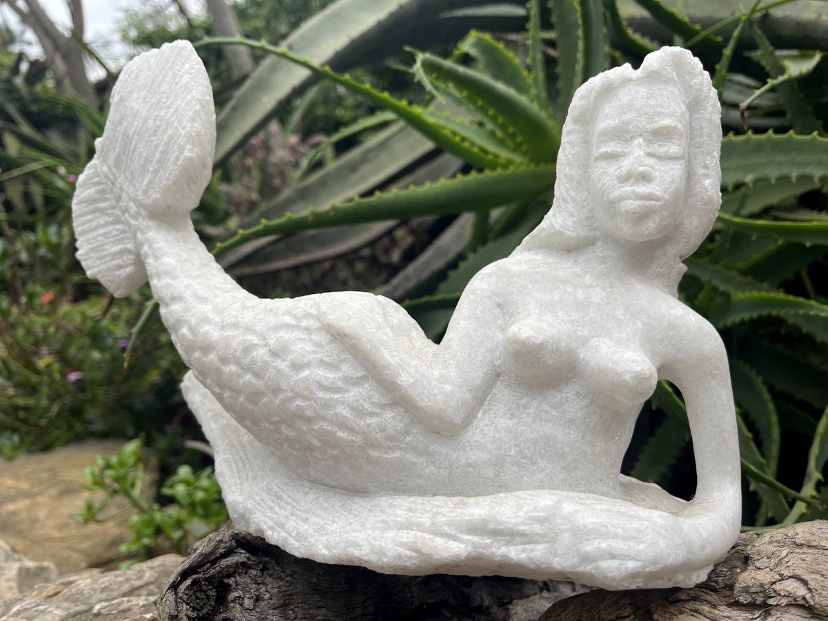 Hand-Made Unique White Marble Mermaid Carving x 1 From Zimbabwe