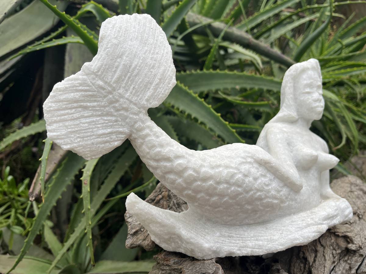 Hand-Made Unique White Marble Mermaid Carving x 1 From Zimbabwe