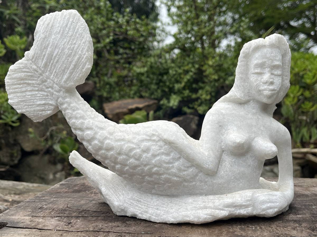 Hand-Made Unique White Marble Mermaid Carving x 1 From Zimbabwe