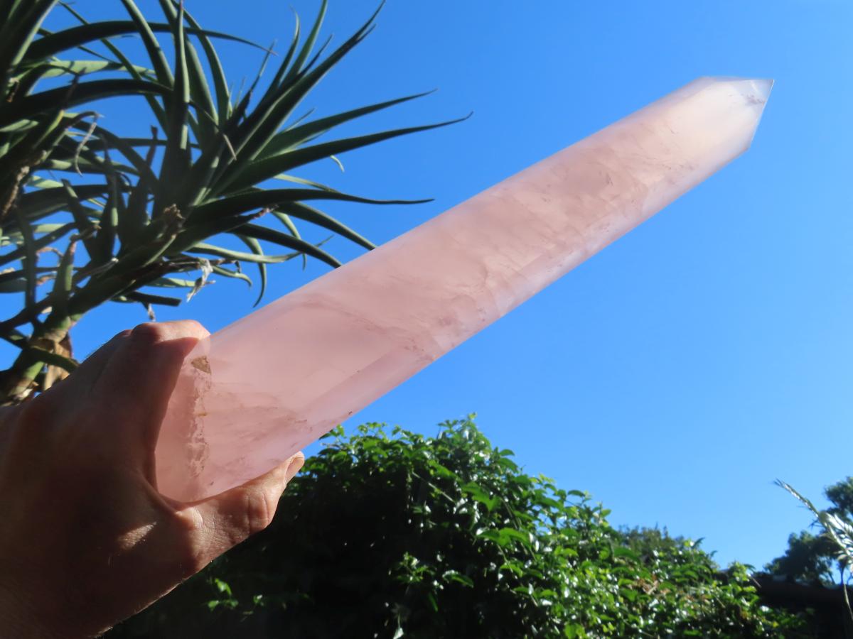 Polished Gemmy Long Rose Quartz Standing Prism x 1  From Ambatondrazaka, Madagascar