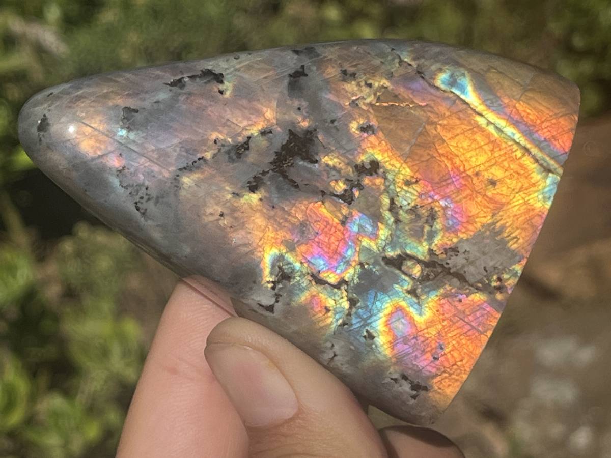 Polished Sunset Orange and Purple Flash Labradorite x 1 From Tulear, Madagascar.