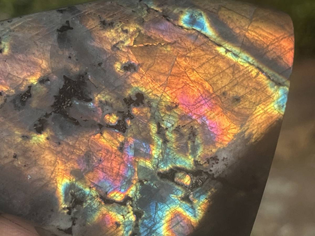 Polished Sunset Orange and Purple Flash Labradorite x 1 From Tulear, Madagascar.