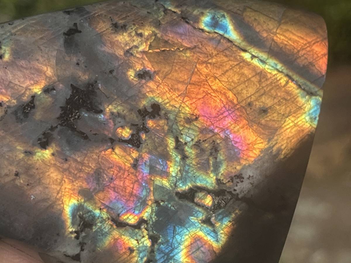 Polished Sunset Orange and Purple Flash Labradorite x 1 From Tulear, Madagascar.