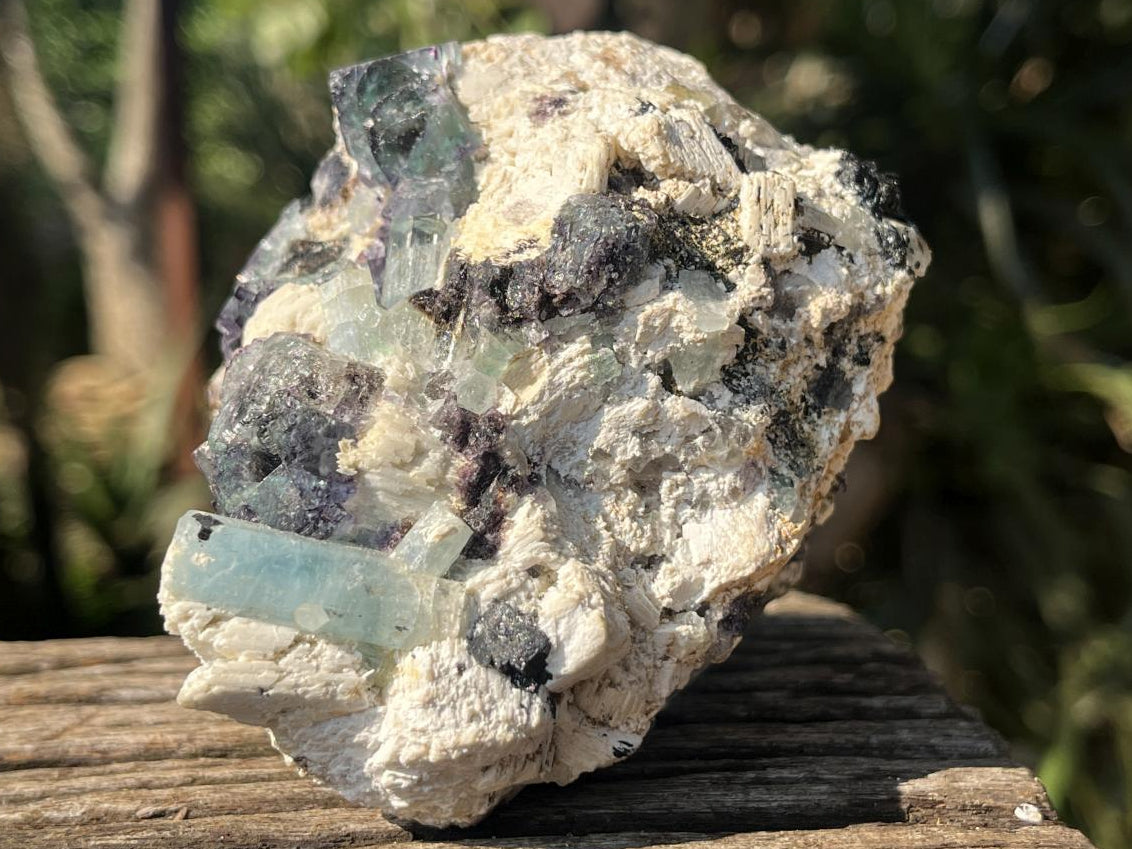 Natural Aquamarine, Fluorite And Black Tourmaline On Feldspar Specimen x 1 From Erongo, Namibia