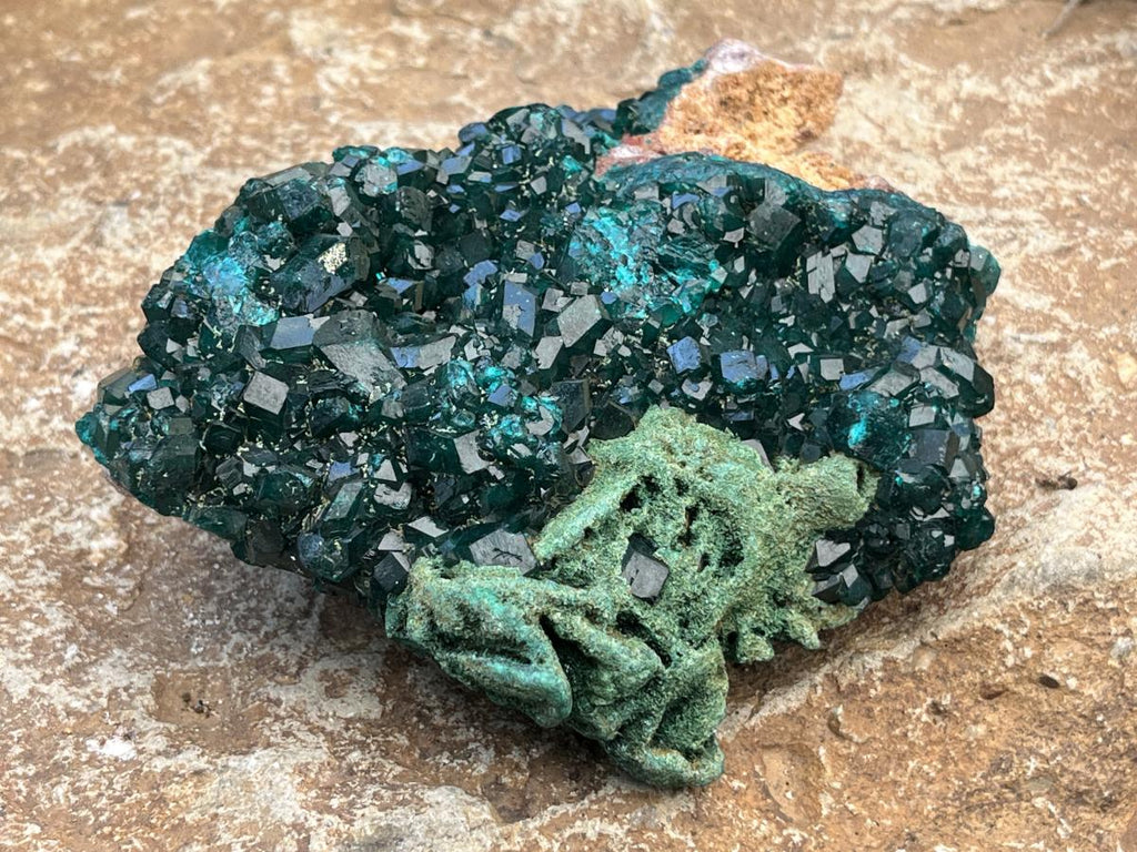 Natural Dioptase With Crystalline Malachite On Dolomite Specimen x 1 From Likasi, Congo