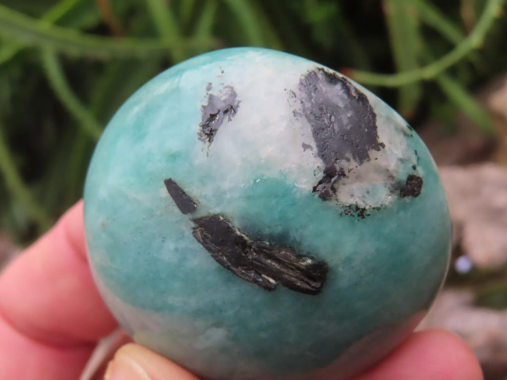 Polished Amazonite With Black Tourmaline Palm Stone x 1 From Madagascar