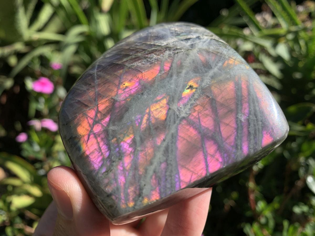 Polished Purple & Orange Sunset Labradorite Standing Free Form x 1 From Tulear, Madagascar