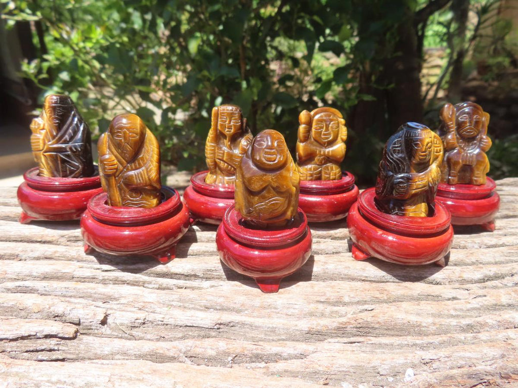 Hand Made Set of The Seven Lucky Gods in Golden Tigers Eye with Wooden Stands x 1 From South Africa