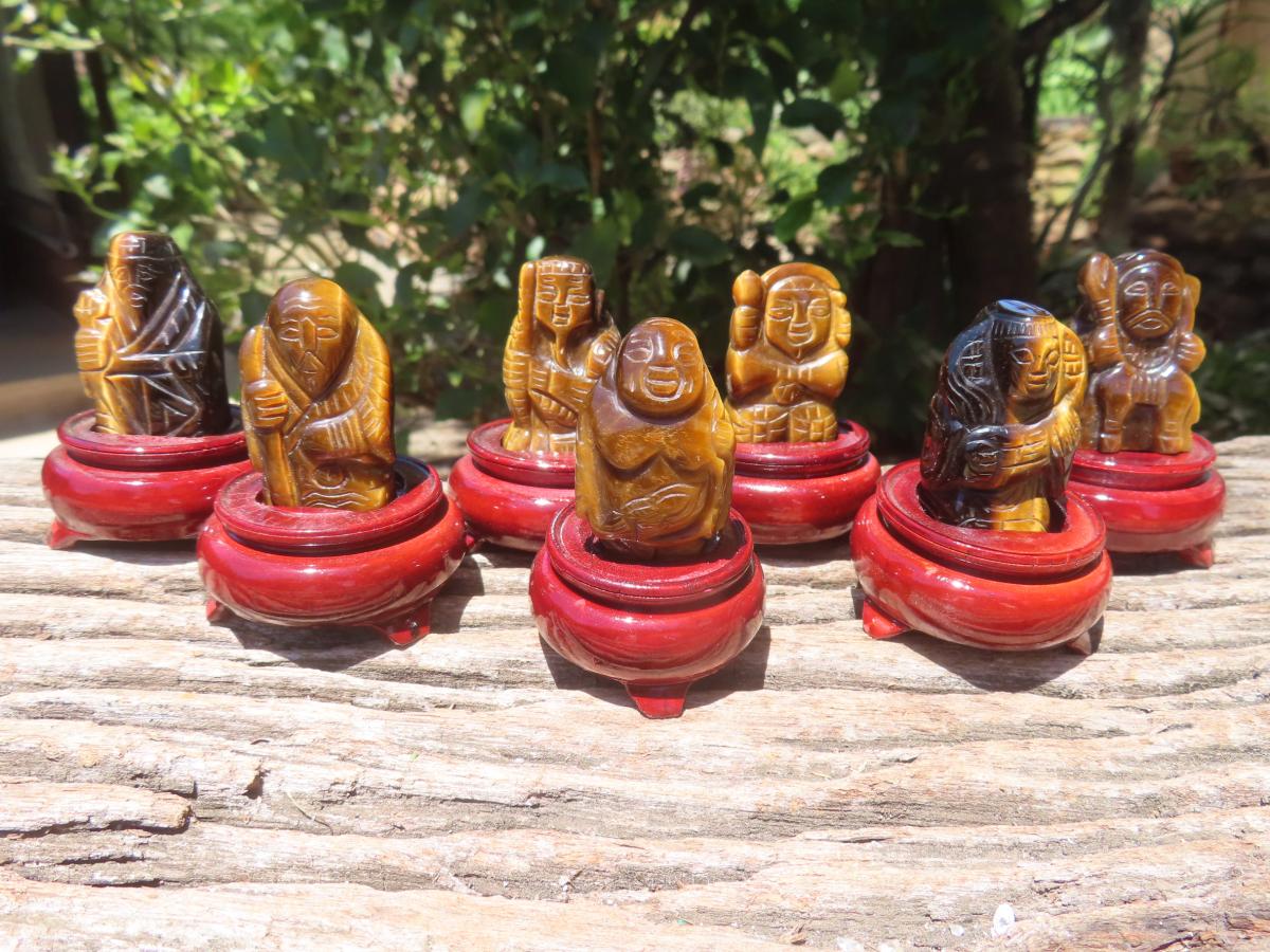 Hand Made Set of The Seven Lucky Gods in Golden Tigers Eye with Wooden Stands x 1 From South Africa