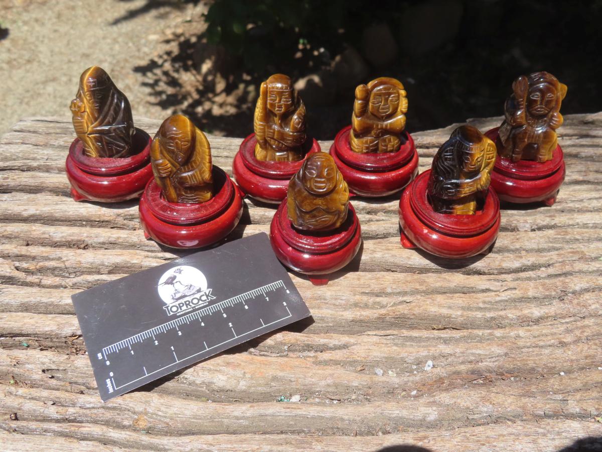 Hand Made Set of The Seven Lucky Gods in Golden Tigers Eye with Wooden Stands x 1 From South Africa