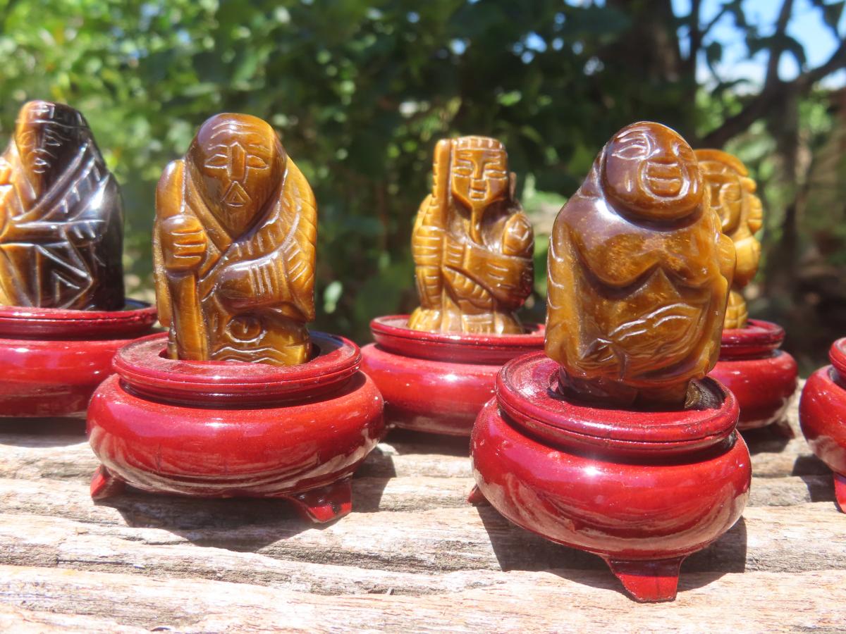 Hand Made Set of The Seven Lucky Gods in Golden Tigers Eye with Wooden Stands x 1 From South Africa