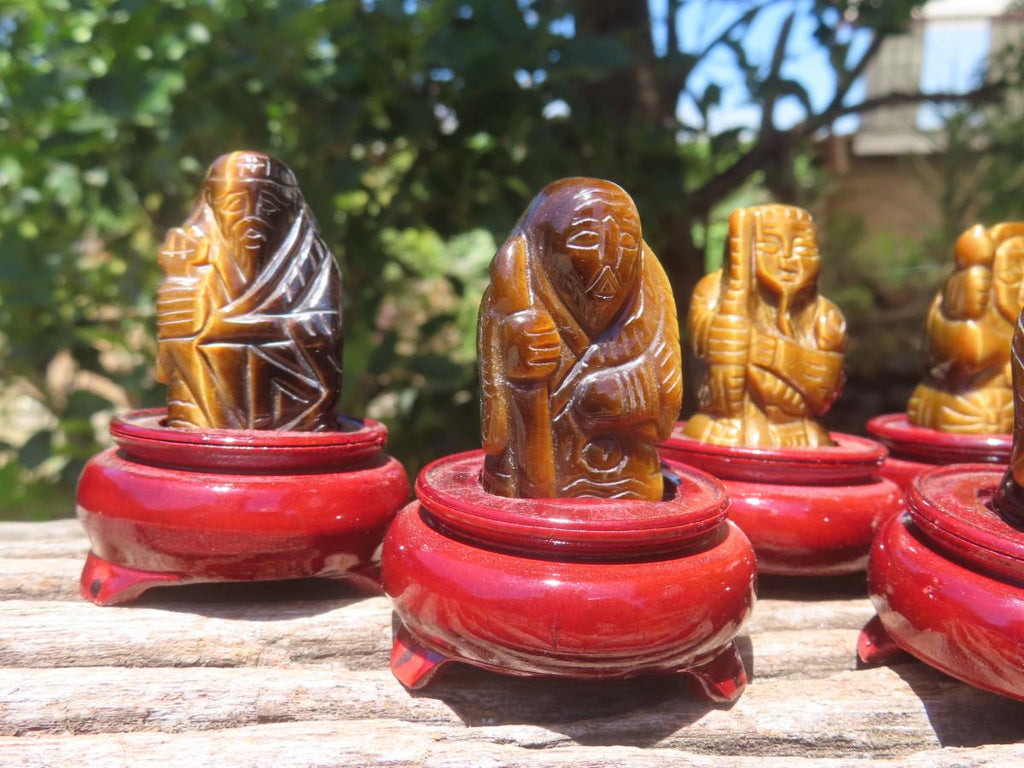 Hand Made Set of The Seven Lucky Gods in Golden Tigers Eye with Wooden Stands x 1 From South Africa