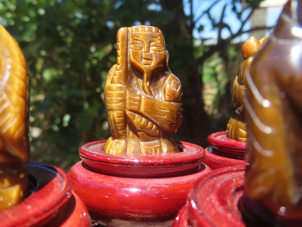 Hand Made Set of The Seven Lucky Gods in Golden Tigers Eye with Wooden Stands x 1 From South Africa