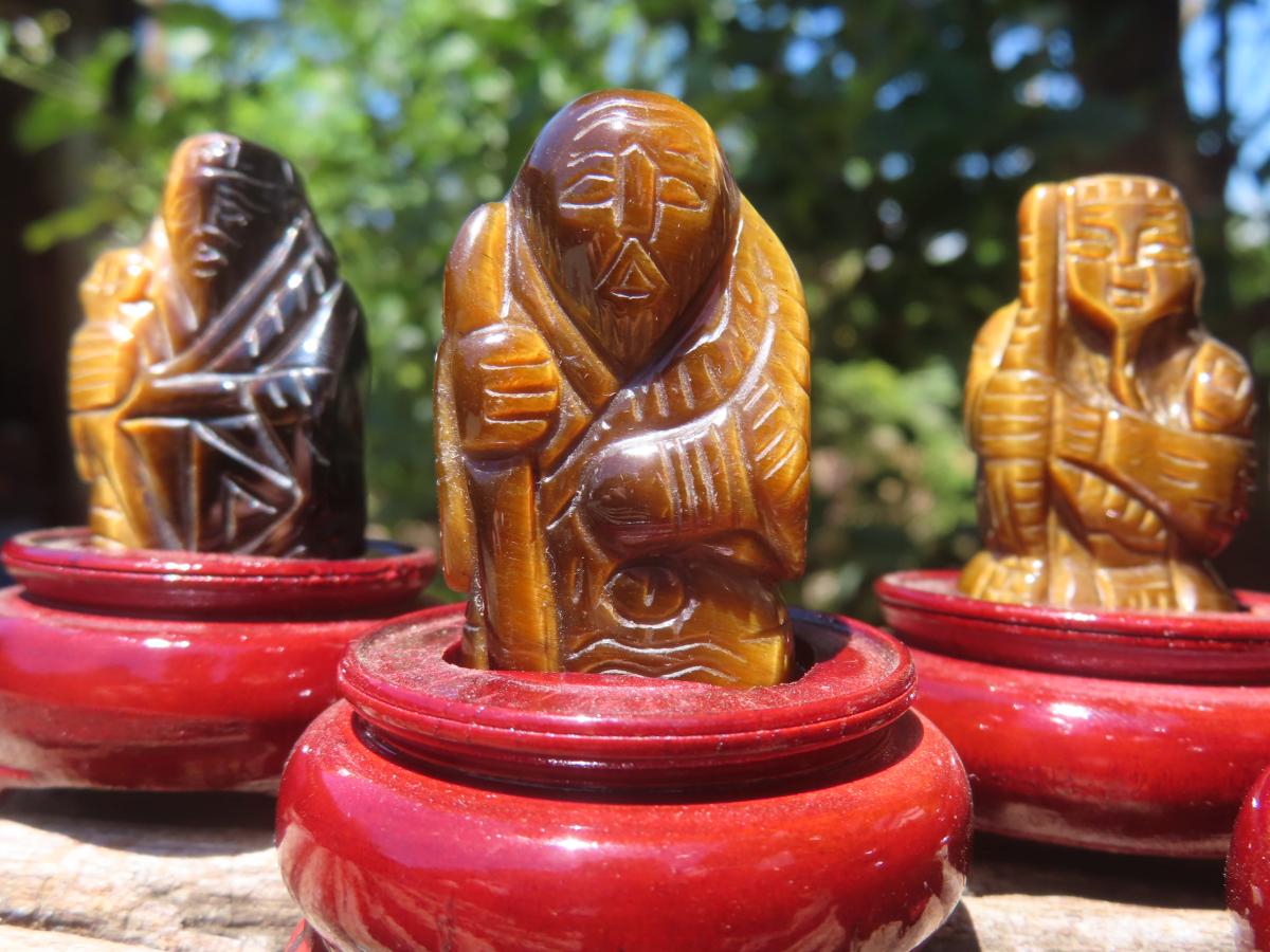Hand Made Set of The Seven Lucky Gods in Golden Tigers Eye with Wooden Stands x 1 From South Africa