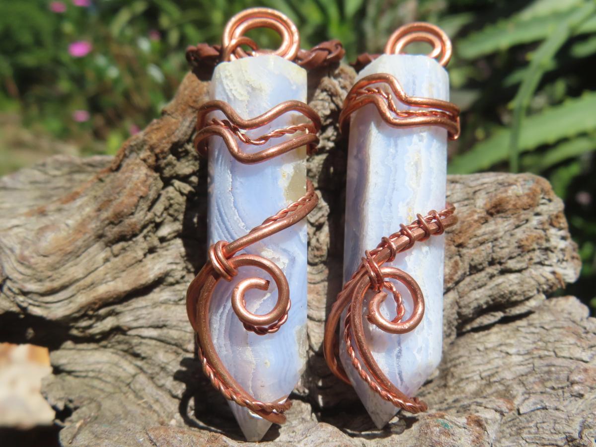 Polished Blue Lace Agate Wire-Wrapped Pendant - Sold Per Piece - From Namibia