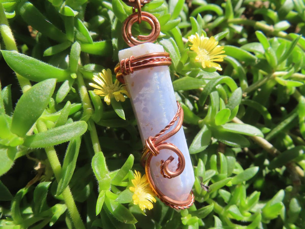 Polished Blue Lace Agate Wire-Wrapped Pendant - Sold Per Piece - From Namibia