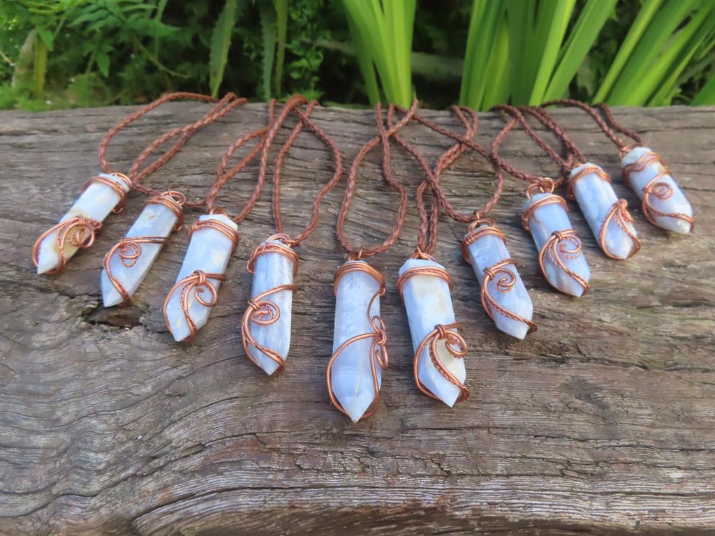 Polished Blue Lace Agate Wire-Wrapped Pendant - Sold Per Piece - From Namibia