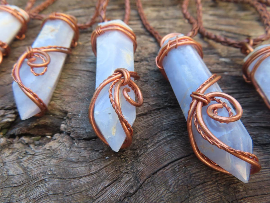 Polished Blue Lace Agate Wire-Wrapped Pendant - Sold Per Piece - From Namibia