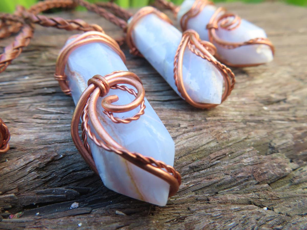 Polished Blue Lace Agate Wire-Wrapped Pendant - Sold Per Piece - From Namibia