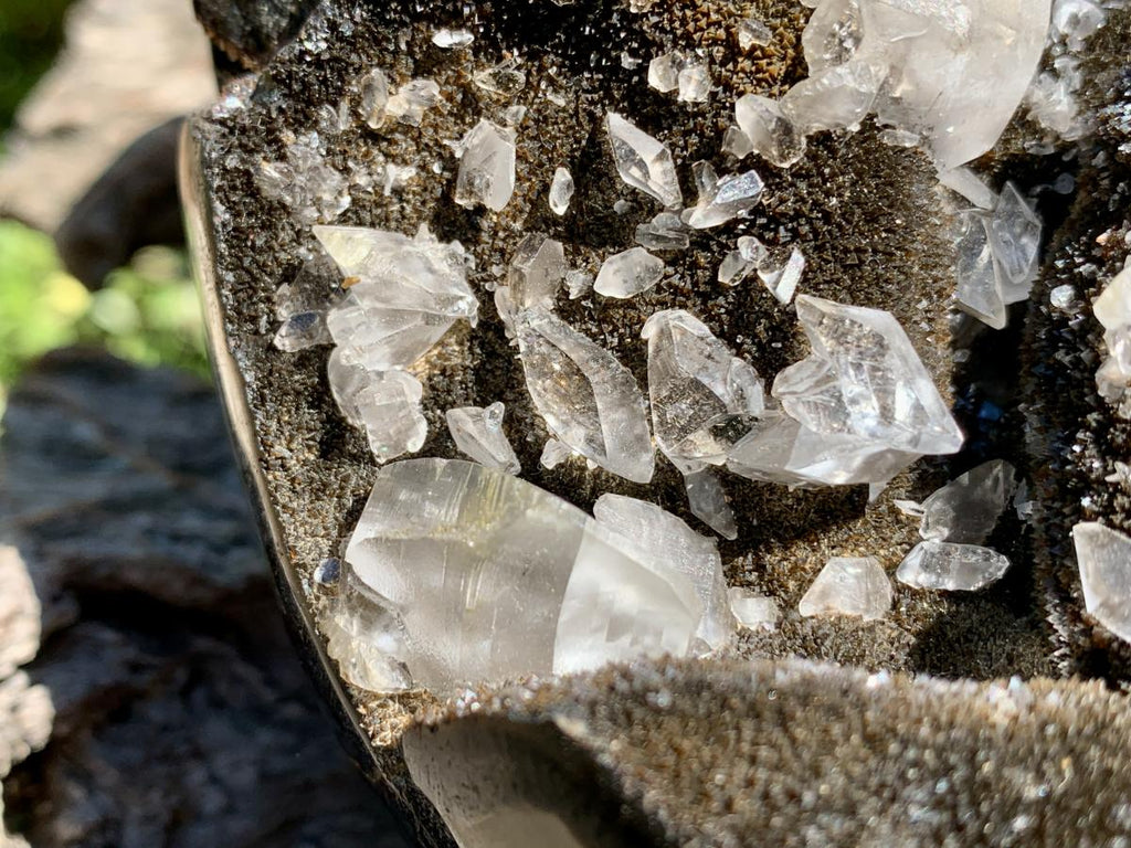 Polished Septerye "Dragon's Egg" with Black Calcite Centre and Gypsum Crystals x 1 From Mahajanga, Madagascar