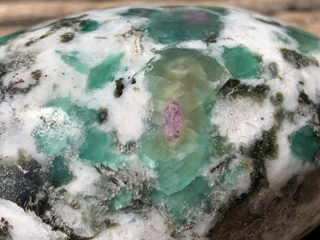 Polished Mutokolite Emerald Muscovite Mica Free Form with Fluorescent Rubies x 1 From Mutoko, Great Dyke, Zimbabwe