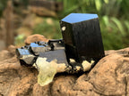 Natural Small Schorl Black Tourmaline Cluster with Fluorescent Hyalite Opal x 1 From Erongo, Namibia