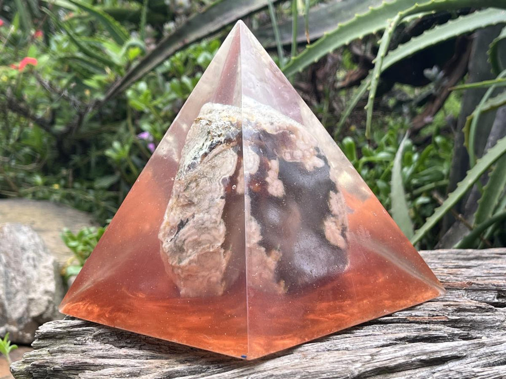 Polished Coral Flower Agate Specimen in Large Resin Pyramid x 1 From Madagascar