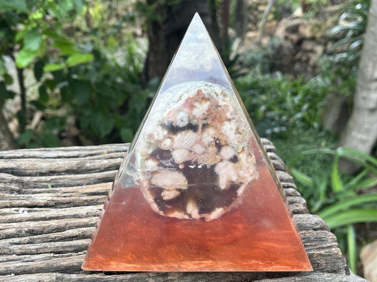 Polished Coral Flower Agate Specimen in Large Resin Pyramid x 1 From Madagascar
