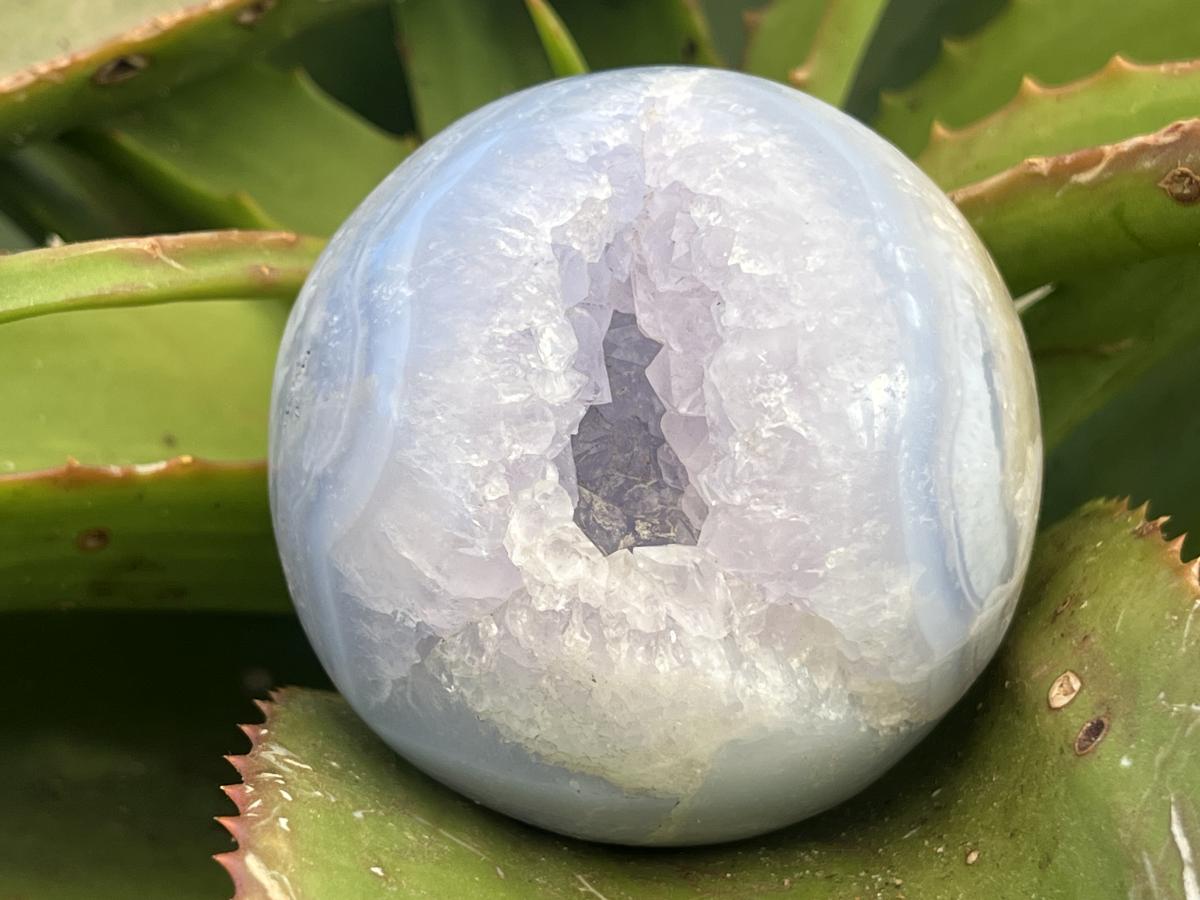 Polished Blue Lace Agate with Amethyst Geode Sphere x 1 From Nsanje, Malawi