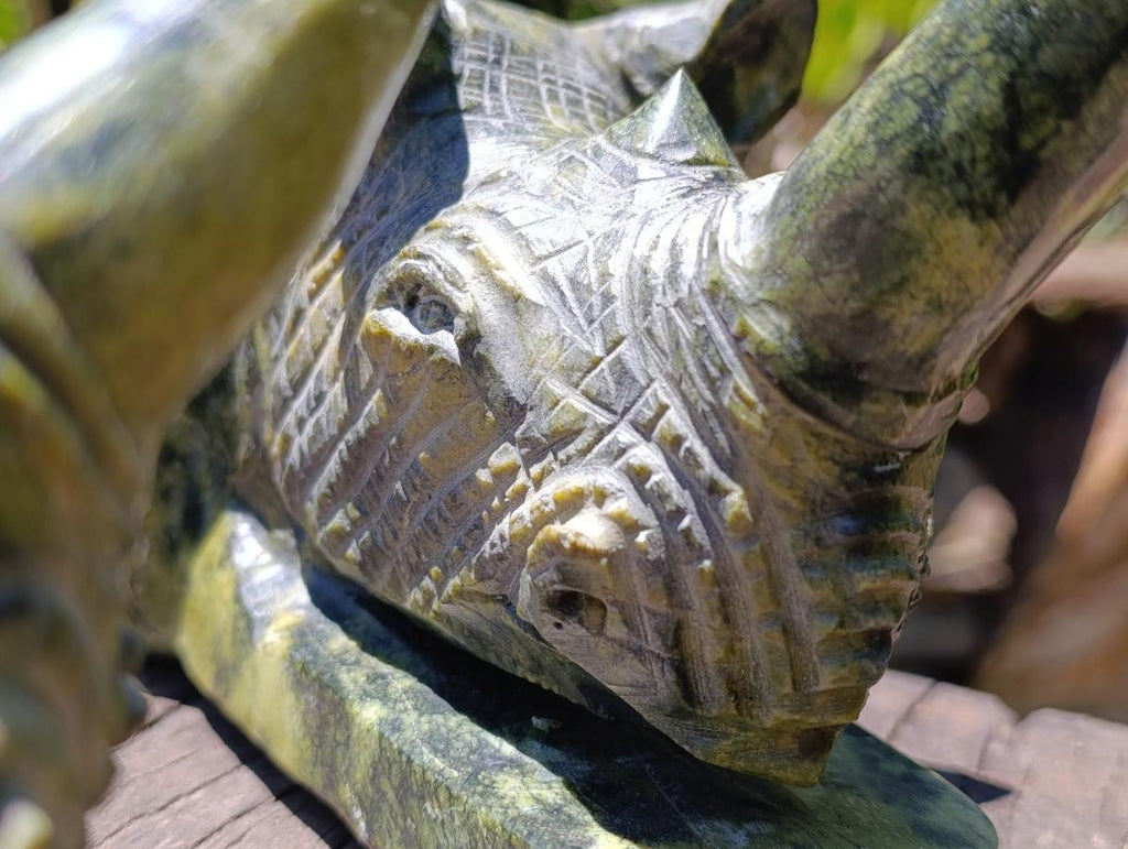 Hand Made Large Pair of Green and Black Spotted Leopard Stone Rhinoceros Bookend Carvings x 1 From Zimbabwe